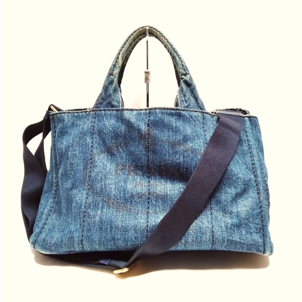 Prada Canapa denim canvas tote. With detachable strap. Authenticity card.